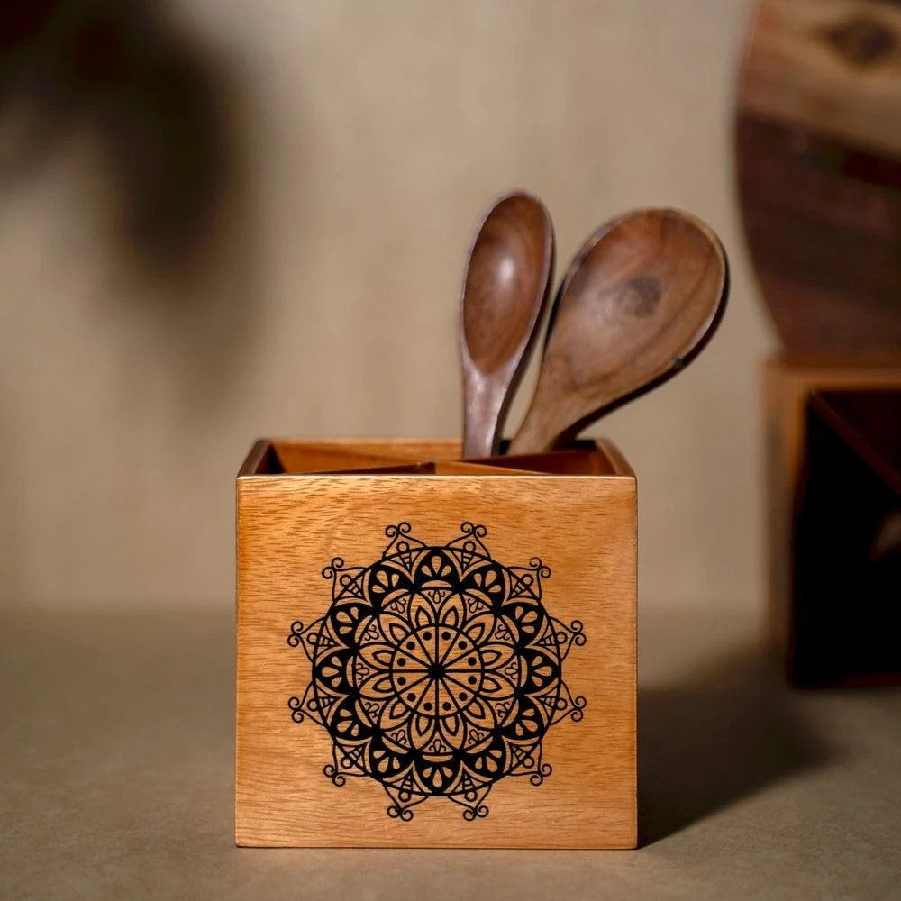 Birch Spoon Stand with Mandala Design and Four Partitions