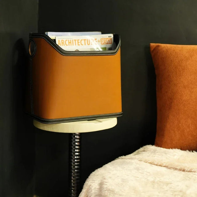 Brown Leather Magazine Basket with Contrast Stitching