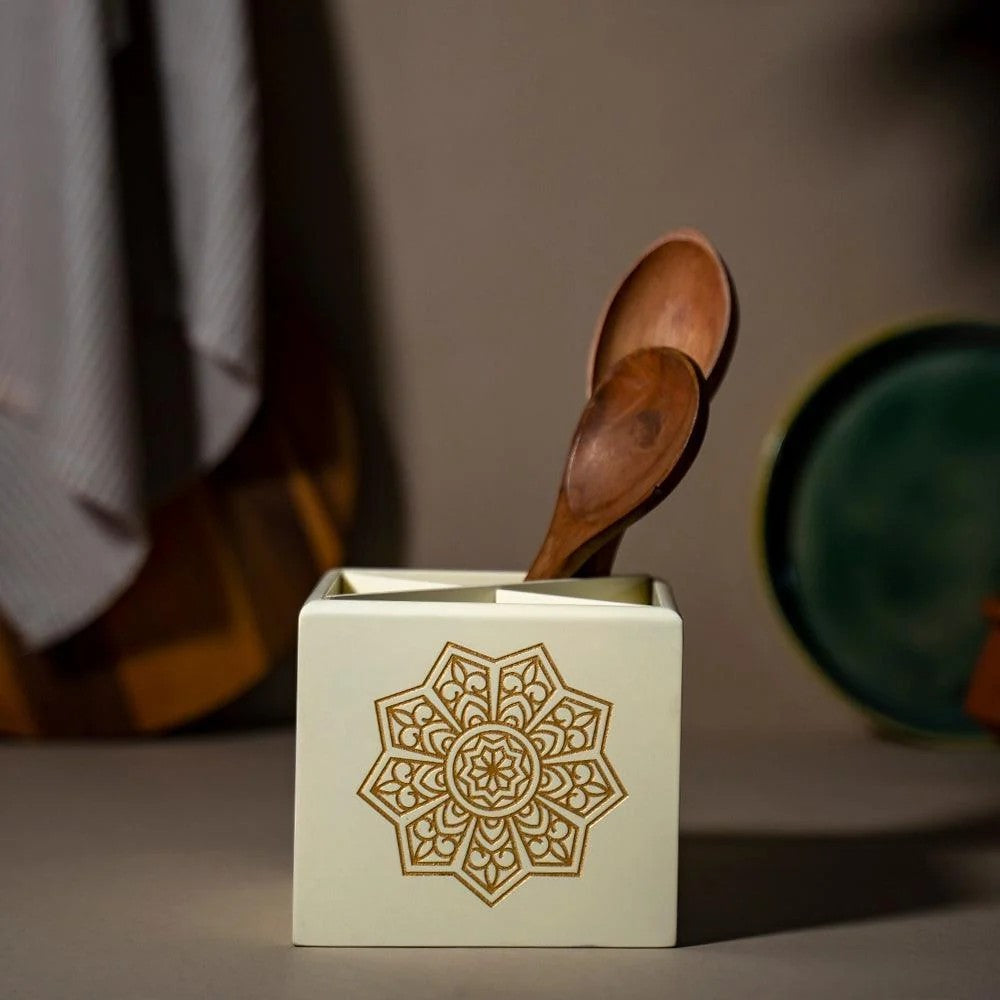Ivory White Cutlery Holder with Engraved Mandala