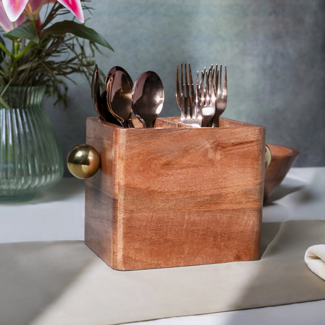 Mango Wood Cutlery Holder with Brass Orb Handles