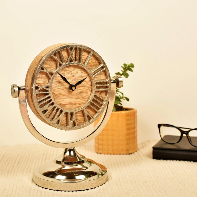 Openwork Roman Numeral Table Clock with Wooden Dial