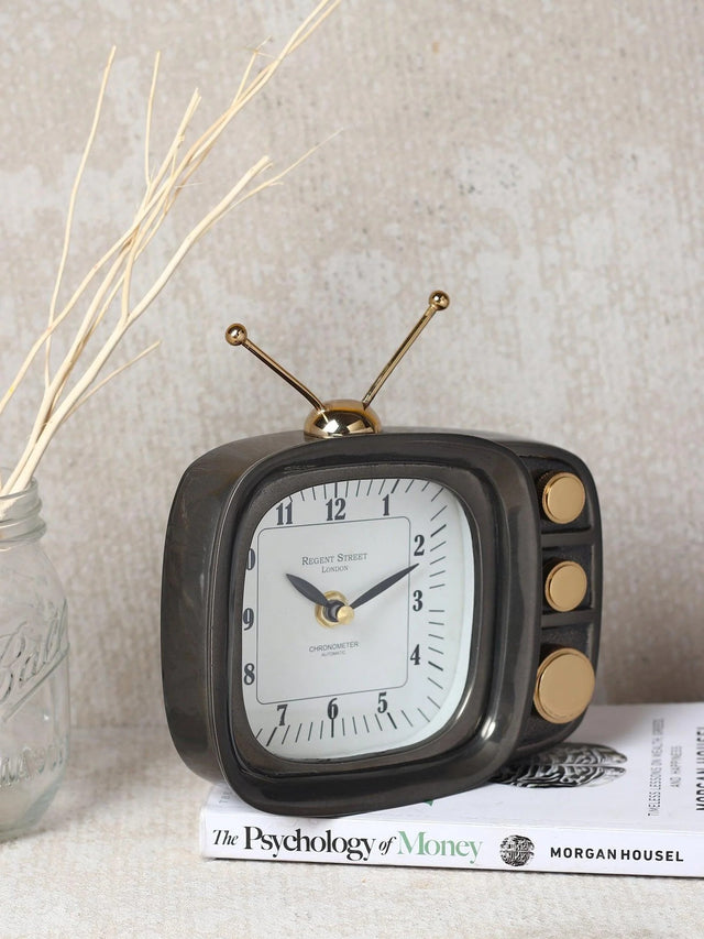 Retro Television Table Clock in Black