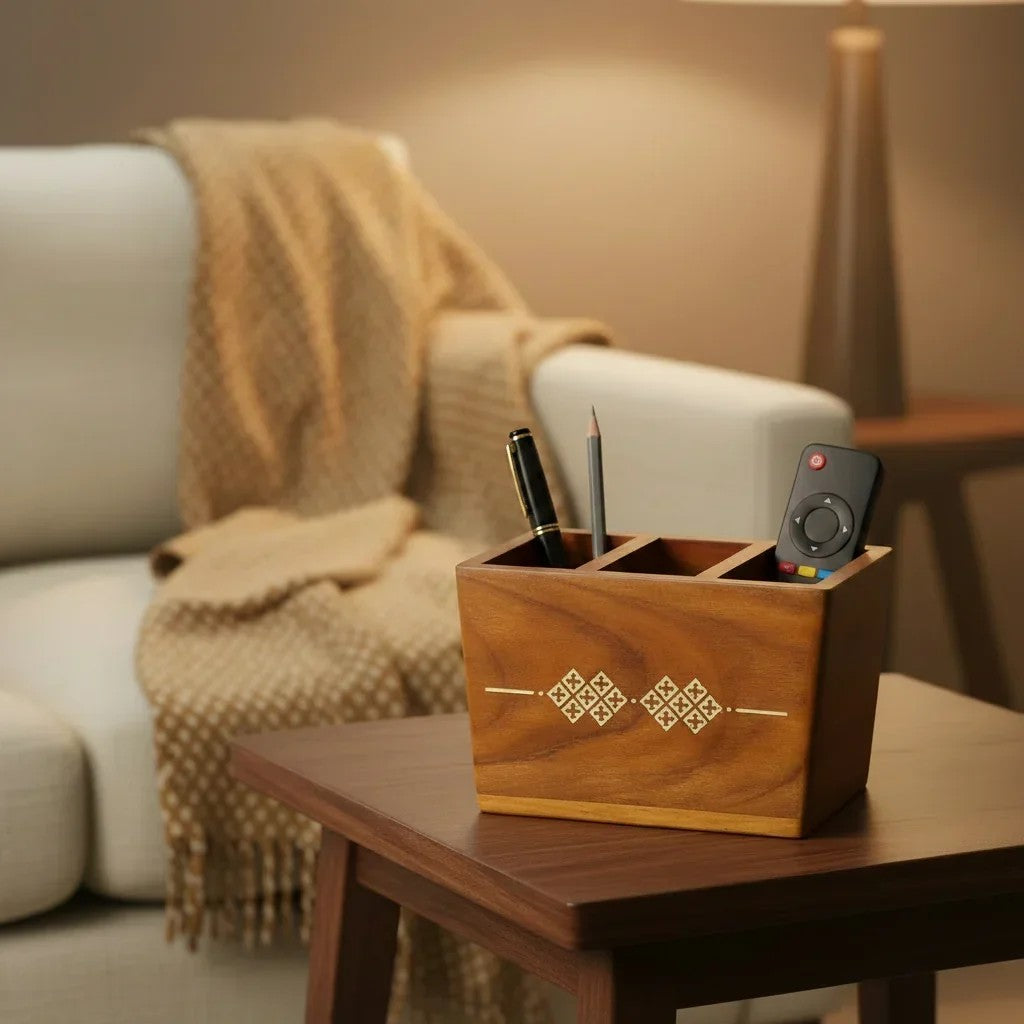 Teak Remote and Pen Holder with Brass Inlay