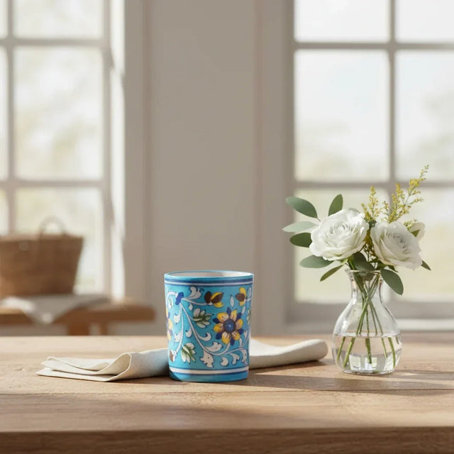 Blue Pottery Pen Stand with Floral Pattern