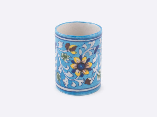 Blue Pottery Pen Stand with Floral Pattern