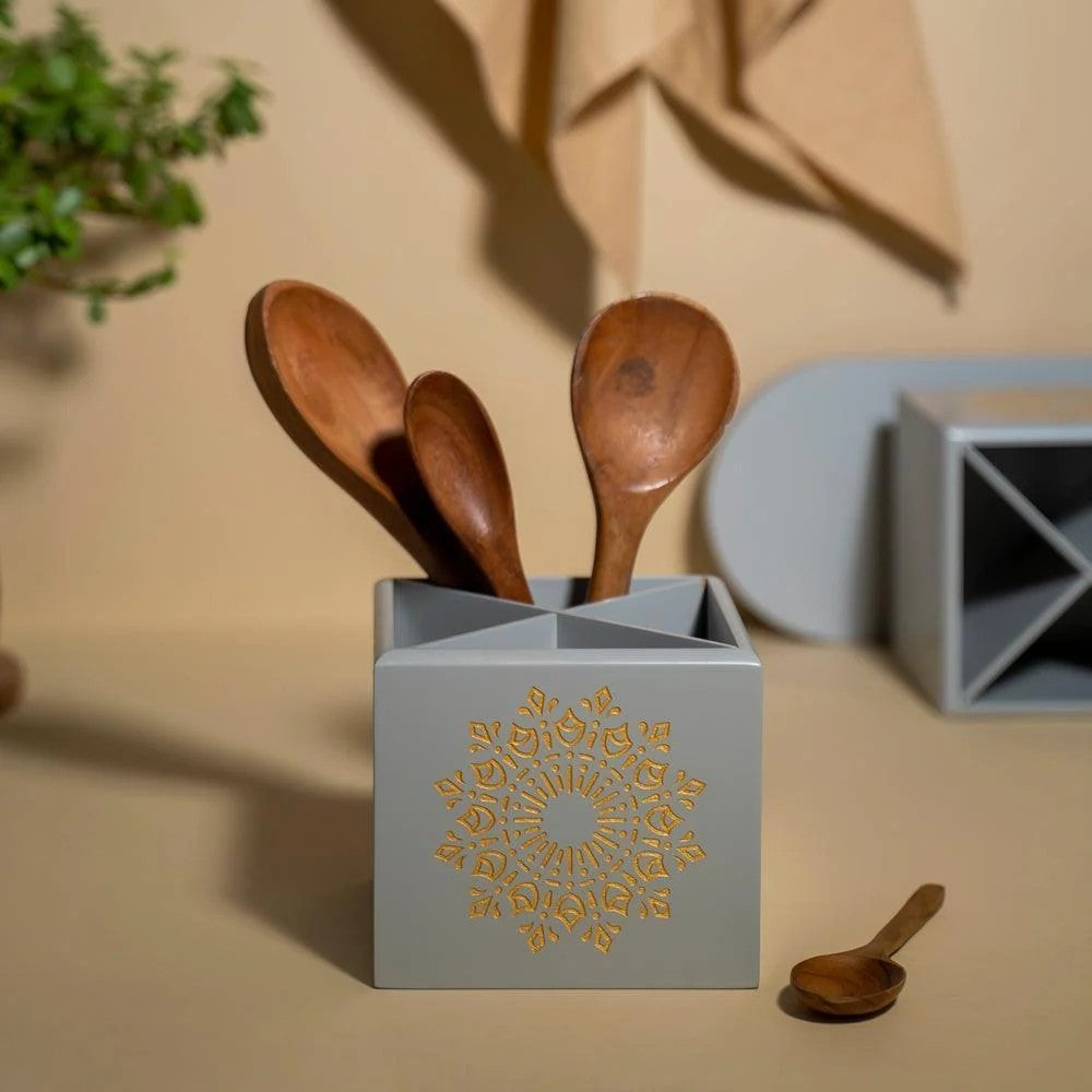 Grey Four-Section Cutlery Holder with Mandala Motif
