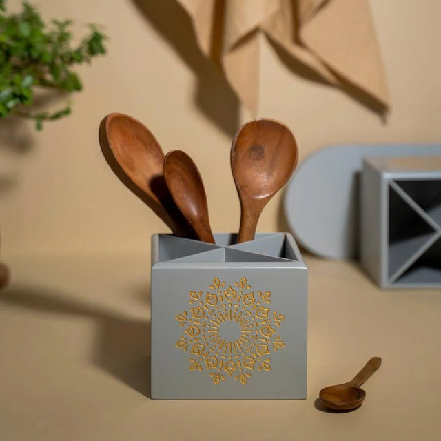 Grey Four-Section Cutlery Holder with Mandala Motif