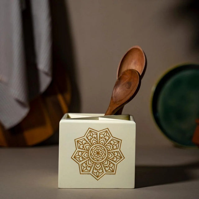 Ivory White Cutlery Holder with Engraved Mandala