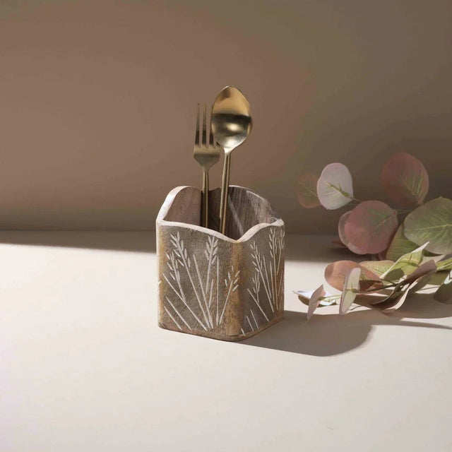 Leaf-Engraved Mango Wood Spoon Holder