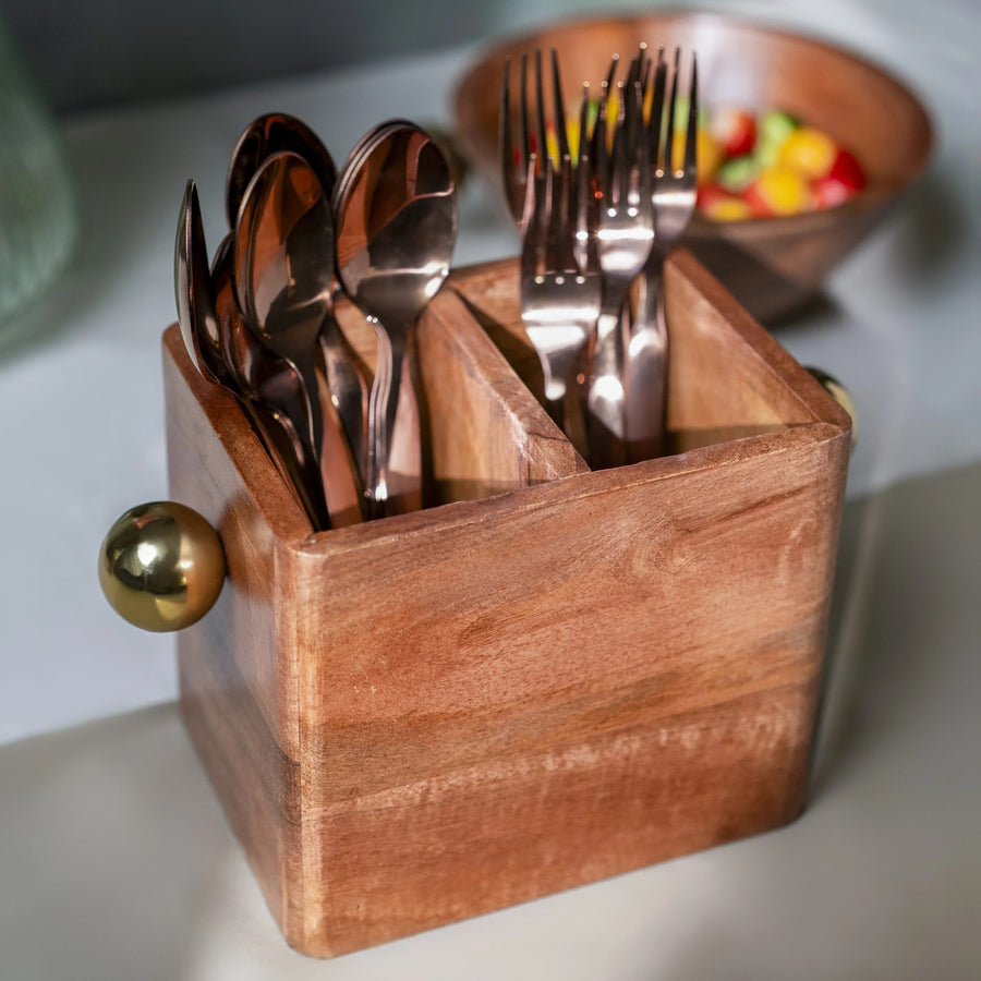 Mango Wood Cutlery Holder with Brass Orb Handles