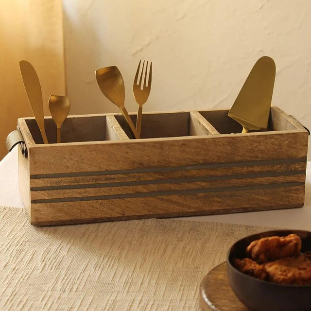 Rectangular Wooden Cutlery Holder with Grooved Front