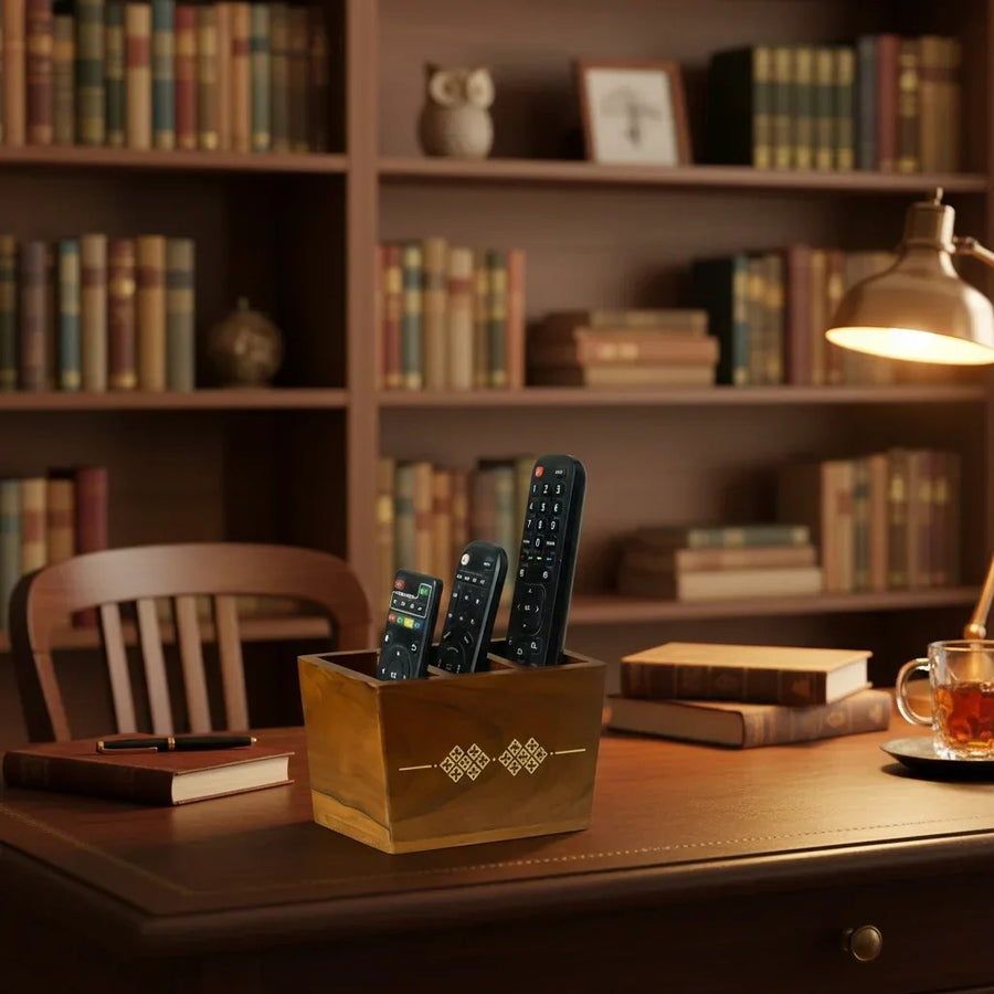Teak Remote and Pen Holder with Brass Inlay